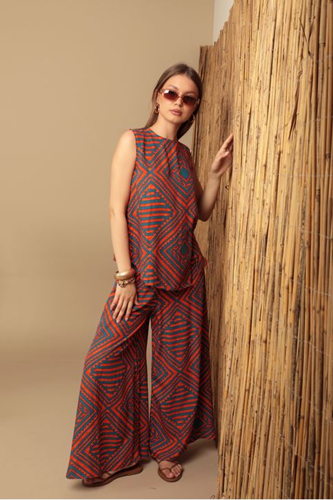 بدلة نسائية منقوشة من قماش الفسكوز - برتقالي