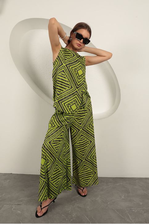 بدلة نسائية منقوشة من قماش الفيسكوز - أخضر زيتي