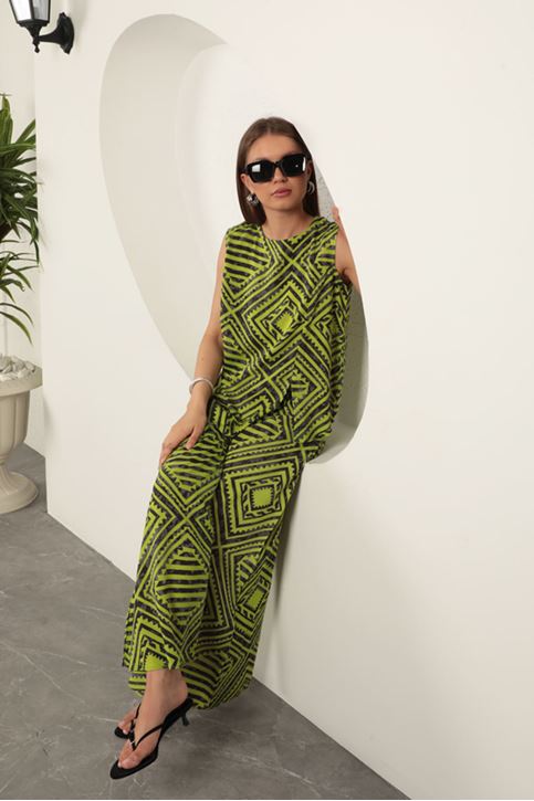 بدلة نسائية منقوشة من قماش الفيسكوز - أخضر زيتي