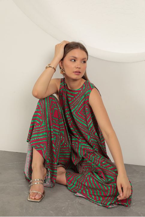 بدلة نسائية منقوشة من قماش الفسكوز - خضراء