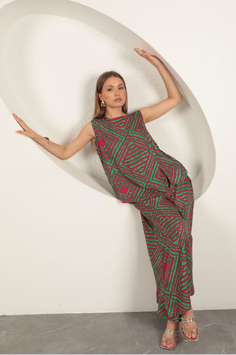 بدلة نسائية منقوشة من قماش الفسكوز - خضراء