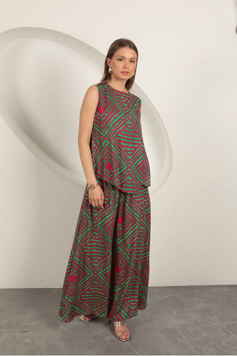 بدلة نسائية منقوشة من قماش الفسكوز - خضراء