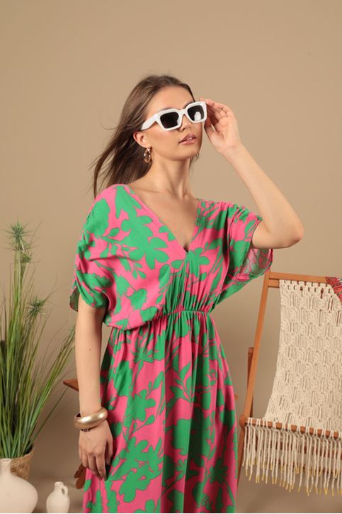 فستان من قماش الفيسكوز بخصر مطاطي - فوشيا