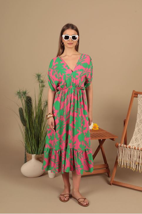 فستان من قماش الفيسكوز بخصر مطاطي - فوشيا