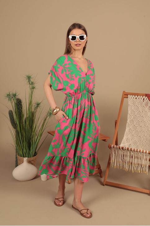 فستان من قماش الفيسكوز بخصر مطاطي - فوشيا