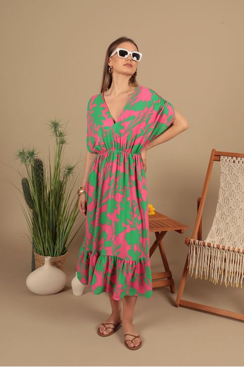 فستان من قماش الفيسكوز بخصر مطاطي - فوشيا