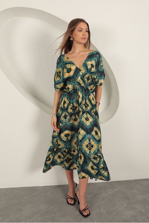 فستان من قماش الفيسكوز بخصر مطاطي - كاكي