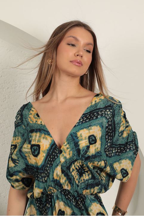 فستان من قماش الفيسكوز بخصر مطاطي - كاكي