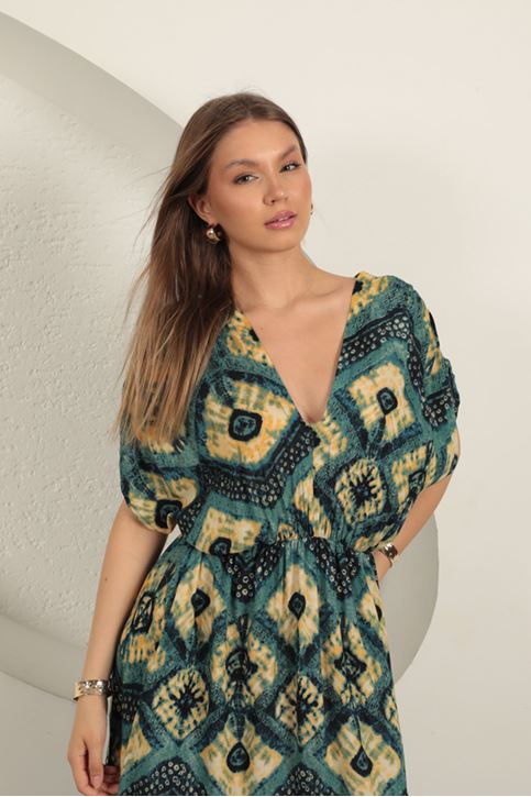 فستان من قماش الفيسكوز بخصر مطاطي - كاكي