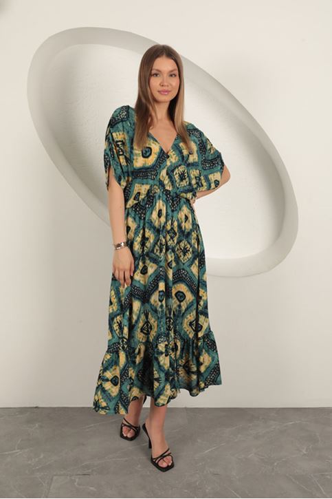 فستان من قماش الفيسكوز بخصر مطاطي - كاكي