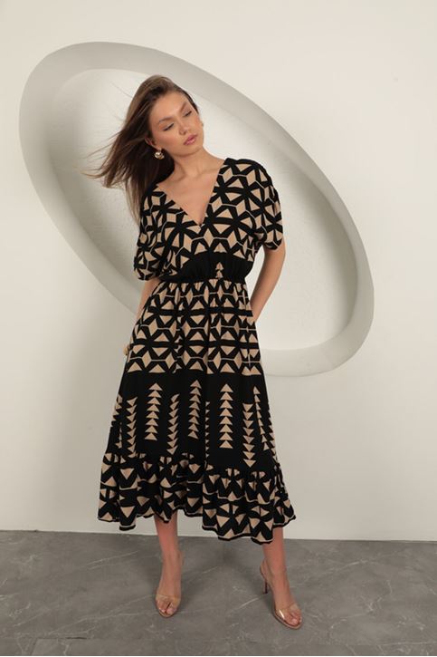 فستان من قماش الفيسكوز بخصر مطاطي - أسود