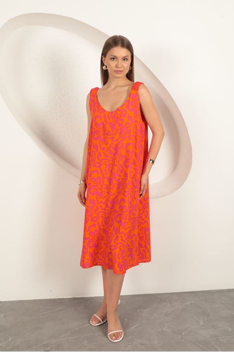 فستان من قماش الفيسكوز بنقشة أوراق الشجر - برتقالي