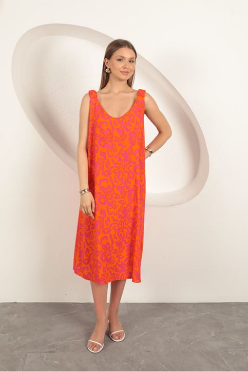 فستان من قماش الفيسكوز بنقشة أوراق الشجر - برتقالي