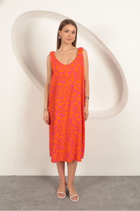 فستان من قماش الفيسكوز بنقشة أوراق الشجر - برتقالي