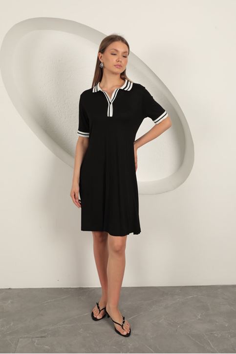 فستان بياقة بولو من قماش الجيرسي - أسود