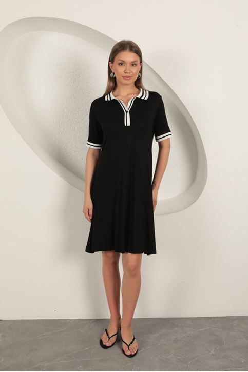 فستان بياقة بولو من قماش الجيرسي - أسود