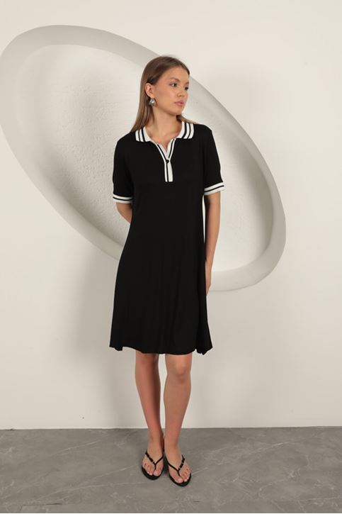 فستان بياقة بولو من قماش الجيرسي - أسود