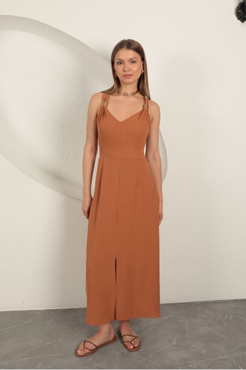 Toka Detaylı Askılı Elbise-Kahve
