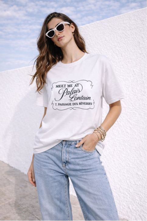 Süprem Kumaş Oversize Baskılı Kadın Tişört-Beyaz