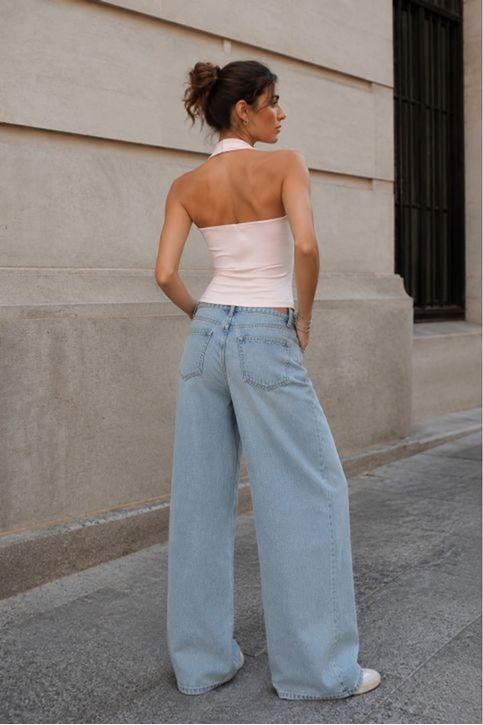 Ribana Kumaş Boyundan Geçmeli Crop-Pudra