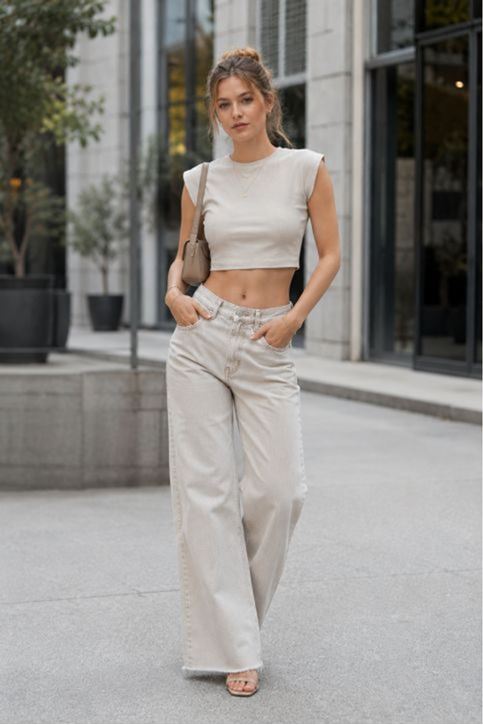 Ribana Kumaş Crop Top-Taş