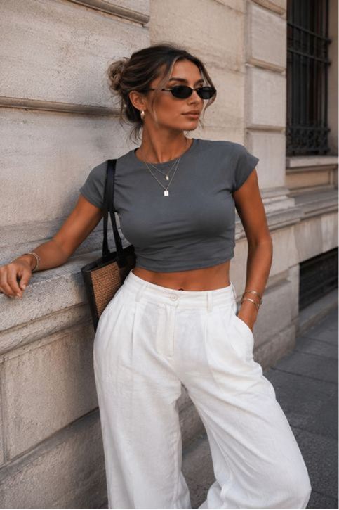 Ribana Kumaş Crop Top-Antrasit