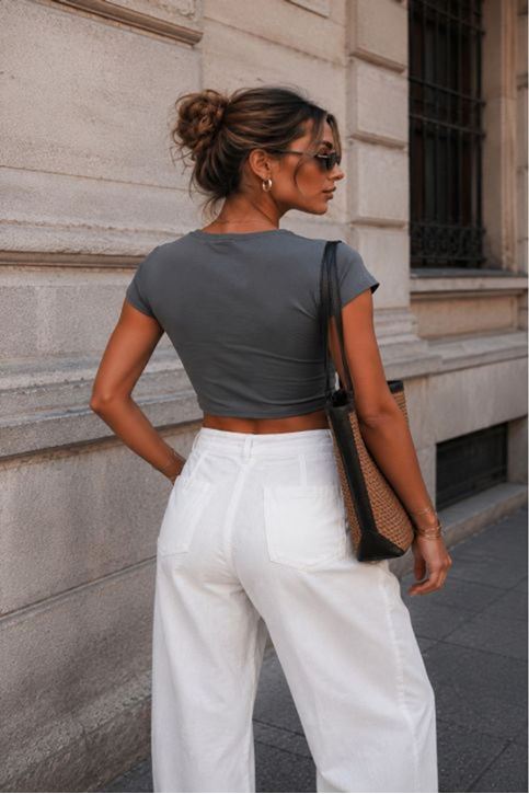 Ribana Kumaş Crop Top-Antrasit