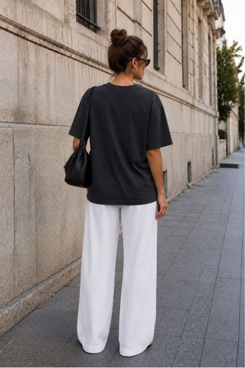 Süprem Kumaş Oversize Baskılı Kadın Tişört-Antrasit