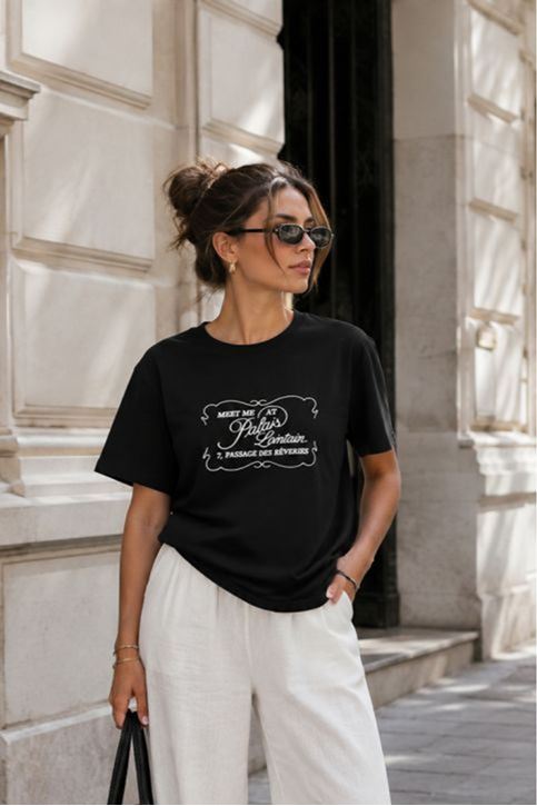 Süprem Kumaş Oversize Baskılı Kadın Tişört-Siyah