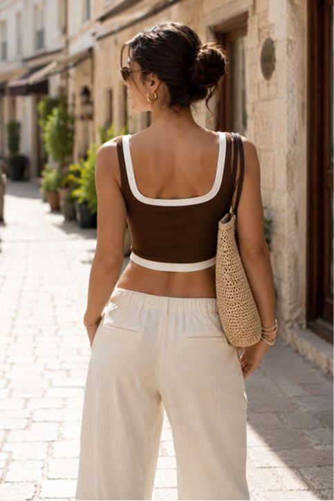 Ribana Kumaş Garnili Crop-KAHVE-BEJ