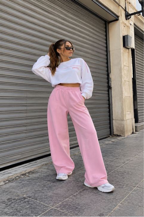 Üç İplik Beli Düz Eşofman-Pembe