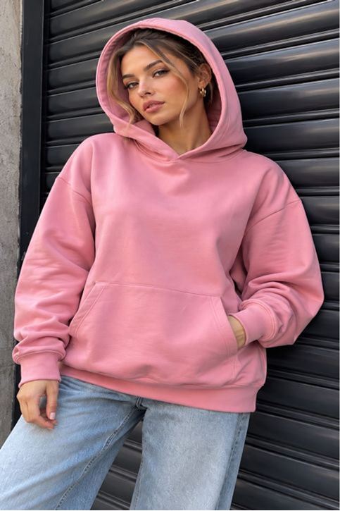 Üç İplik Kumaş Kapüşonlu Kanguru Cep Sweat-Gül Kurusu