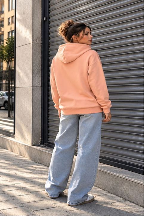 Üç İplik Kumaş Kapüşonlu Kanguru Cep Sweat-Somon