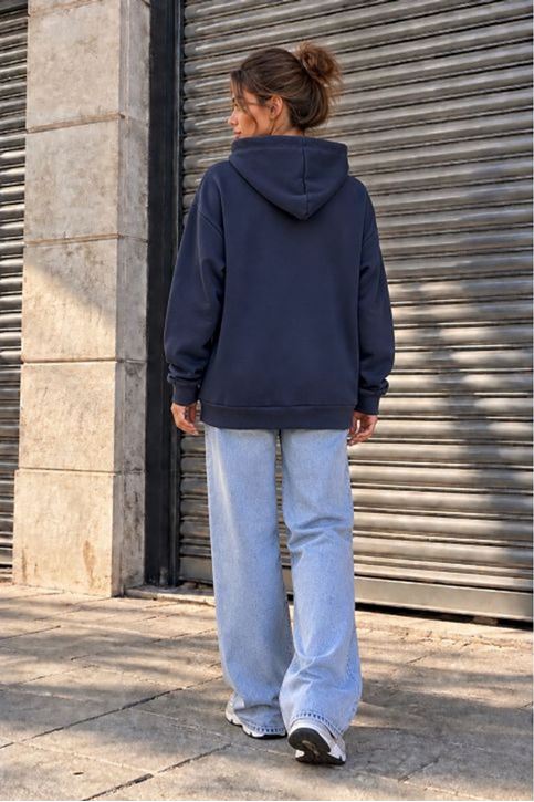 Üç İplik Kumaş Kapüşonlu Kanguru Cep Sweat-Lacivert
