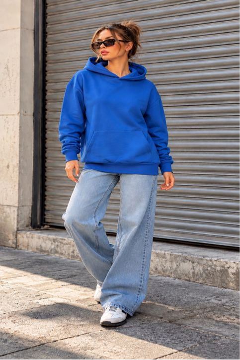 Üç İplik Kumaş Kapüşonlu Kanguru Cep Sweat-İndigo