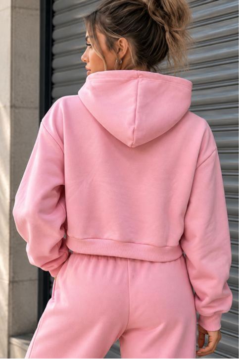 Üç İplik Kanguru Cep Kısa Kapüşonlu Crop Sweat-Pembe