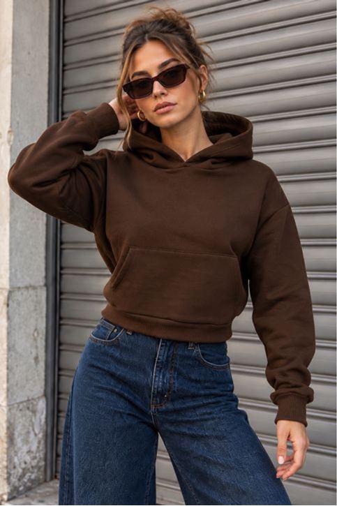 Üç İplik Kanguru Cep Kısa Kapüşonlu Crop Sweat-Kahve