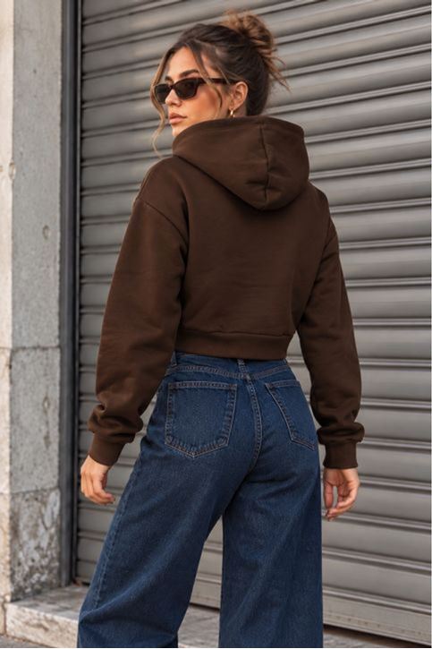 Üç İplik Kanguru Cep Kısa Kapüşonlu Crop Sweat-Kahve