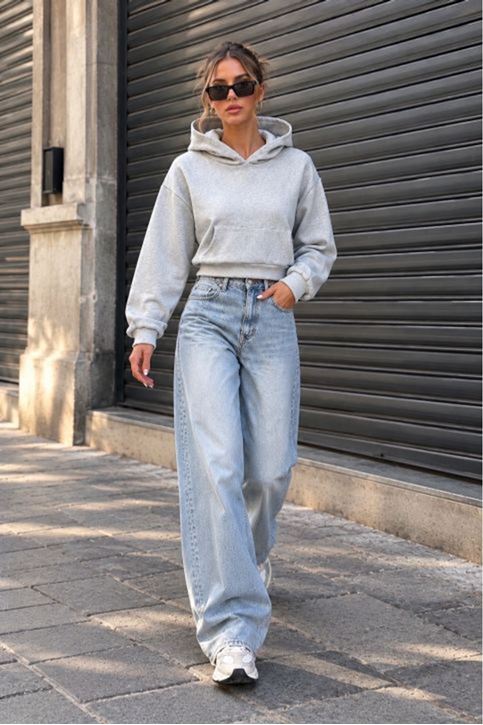 Üç İplik Kanguru Cep Kısa Kapüşonlu Crop Sweat-Açık Gri