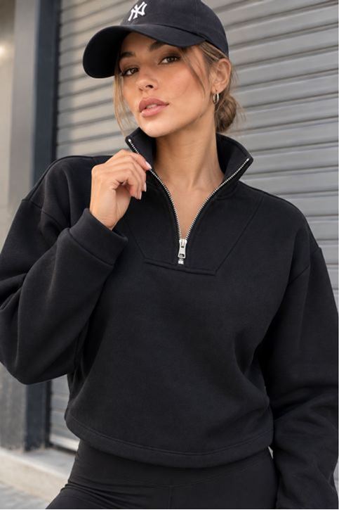Üç İplik Kumaş Kadın Fermaurlı Sweat-Siyah