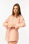 Gofre Fabric Long Sleeve Long Wide Striped Women'S Shirt - Salmon
