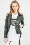 Leather Fabric Long Sleeve Rever Collar Tight Fit Belted Women Jacket - Khaki 