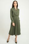 Polyester Fabric Double-Breasted Collar Knee Lenght Pleated Women Dress - Khaki 