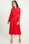 Polyester Fabric Double-Breasted Collar Knee Lenght Pleated Women Dress - Red