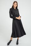 Polyester Fabric Double-Breasted Collar Knee Lenght Pleated Women Dress - Black