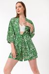 Vual Kumaş Yarım Kol Şal Yaka Çiçek Desen Kimono Kadın Takım-Yeşil