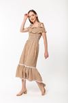 Cotton Fabric Boat Neck Plaid Skirt Women Dress - Brown
