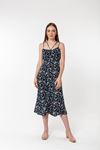 Viskon Kumaş Bağlamalı Yaka Çıtır Çiçek Desenli Kadın Elbise-Lacivert