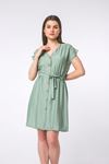 Linen Fabric Short Sleeve V-Neck Comfy Fit Women Dress - Mint