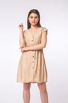 Linen Fabric Short Sleeve V-Neck Comfy Fit Women Dress - Beige 